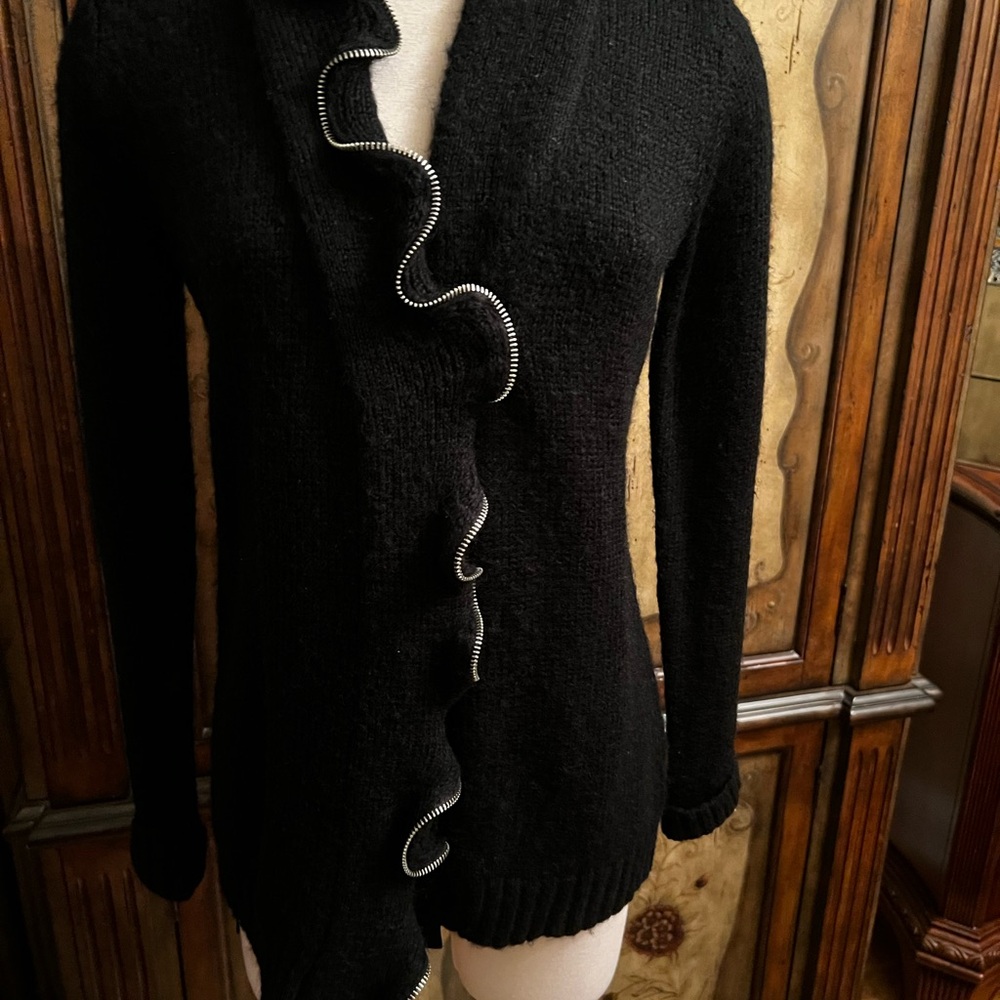 Alberto Makali Black Cardigan with Ruffle Zipper Trim